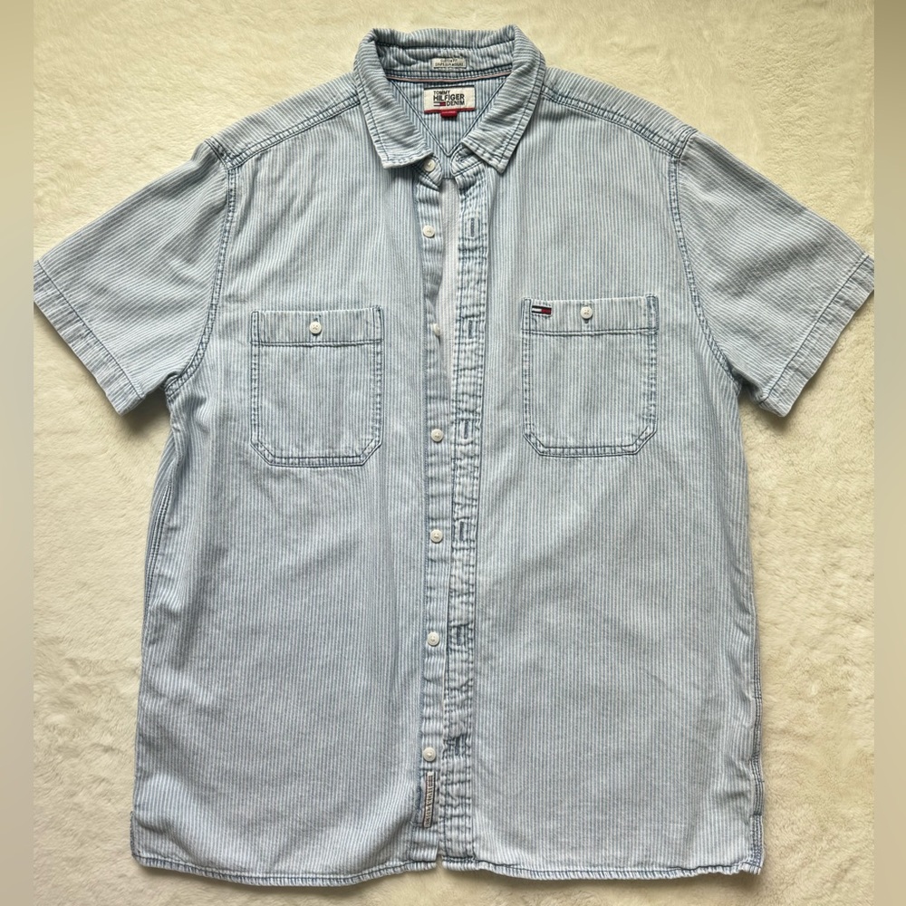 Tommy Hilfiger Shirt Men’s Large Stripe Light Denim Cotton Custom Fit Western‎